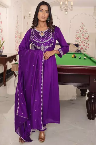 Women's soft silk solid embroidered flared kurta with pant dupatta