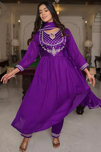 Women's soft silk solid embroidered flared kurta with pant dupatta