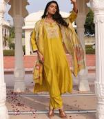 Women's cotton silk solid embroidered straight kurta with pant set