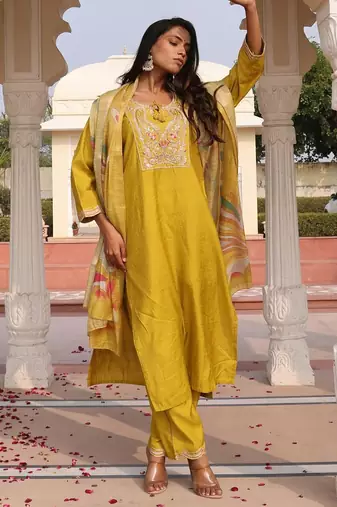 Women's cotton silk solid embroidered straight kurta with pant set