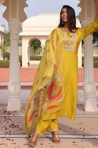 Women's cotton silk solid embroidered straight kurta with pant set