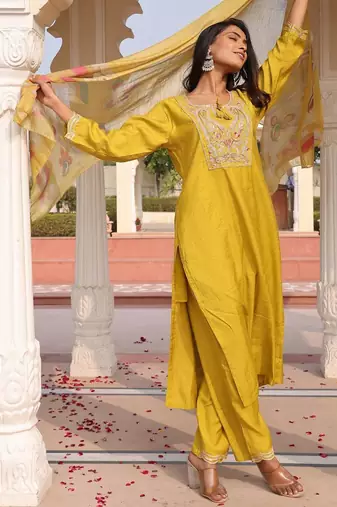 Women's cotton silk solid embroidered straight kurta with pant set