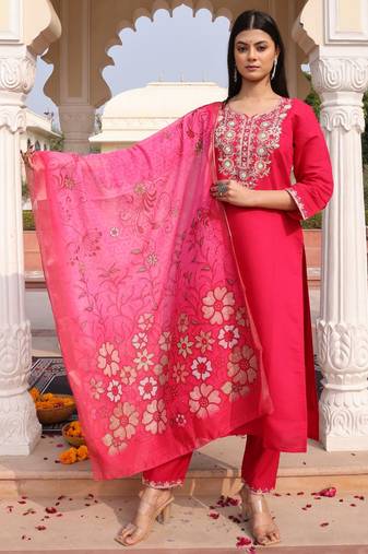 Women's cotton silk solid embroidered straight kurta with pant set