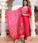 Women's cotton silk solid embroidered straight kurta with pant set