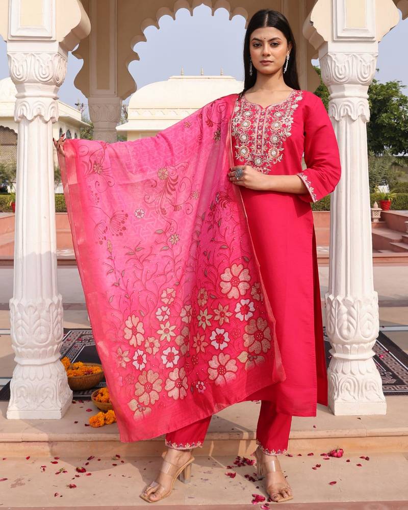 Women's cotton silk solid embroidered straight kurta with pant set