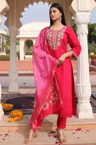 Women's cotton silk solid embroidered straight kurta with pant set