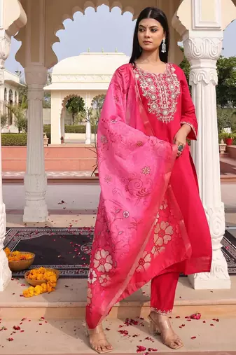 Women's cotton silk solid embroidered straight kurta with pant set