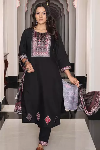 Women's viscose shimmer solid embroidered straight kurta with pant set