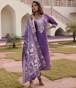 Women's simmer silk solid embroidered straight kurta with pant set