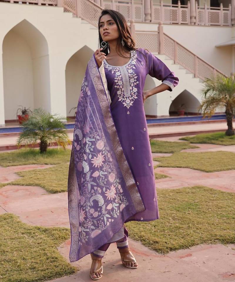 Women's simmer silk solid embroidered straight kurta with pant set