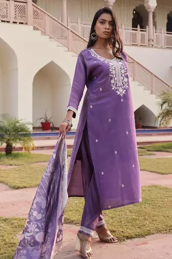 Women's simmer silk solid embroidered straight kurta with pant set