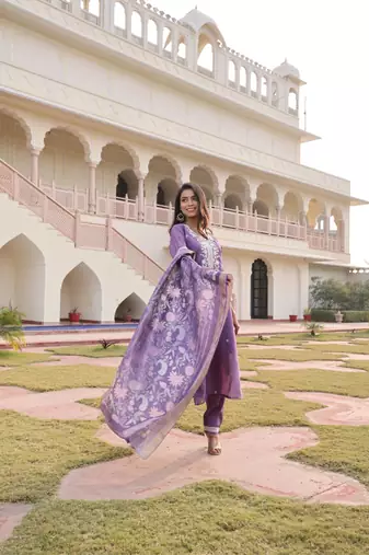 Women's simmer silk solid embroidered straight kurta with pant set