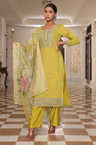 Women's cotton silk solid embroidered straight kurta with pant set