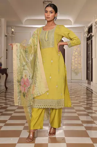 Women's cotton silk solid embroidered straight kurta with pant set