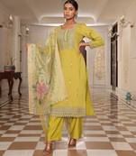 Women's cotton silk solid embroidered straight kurta with pant set