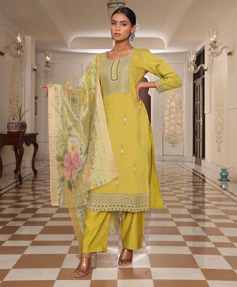 Women's cotton silk solid embroidered straight kurta with pant set
