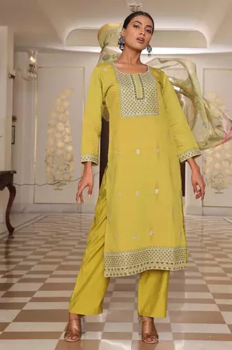 Women's cotton silk solid embroidered straight kurta with pant set