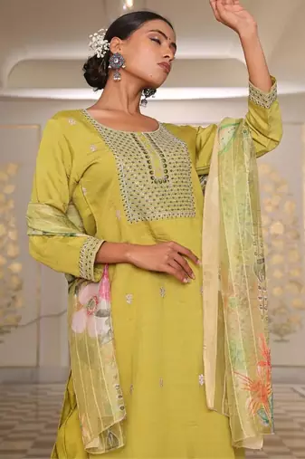 Women's cotton silk solid embroidered straight kurta with pant set