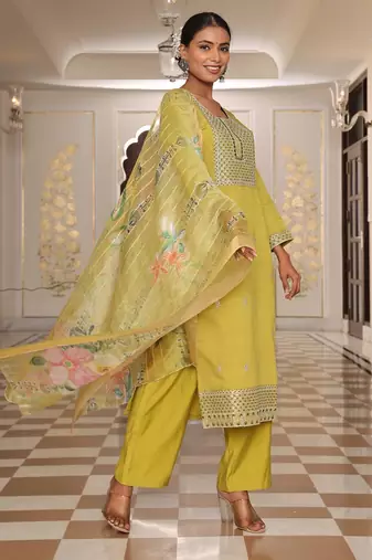 Women's cotton silk solid embroidered straight kurta with pant set
