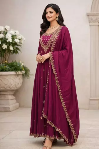 Women's soft silk ethnic motif embroidered work sequance work anarkali kurta with pant set