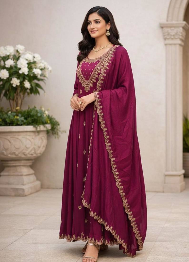 Women's soft silk ethnic motif embroidered work sequance work anarkali kurta with pant set