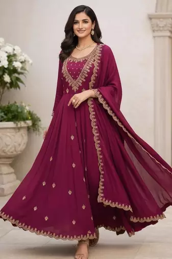 Women's soft silk ethnic motif embroidered work sequance work anarkali kurta with pant set