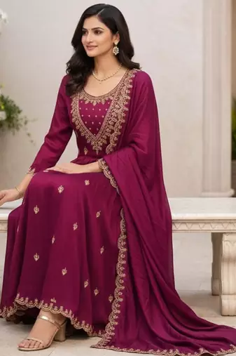 Women's soft silk ethnic motif embroidered work sequance work anarkali kurta with pant set