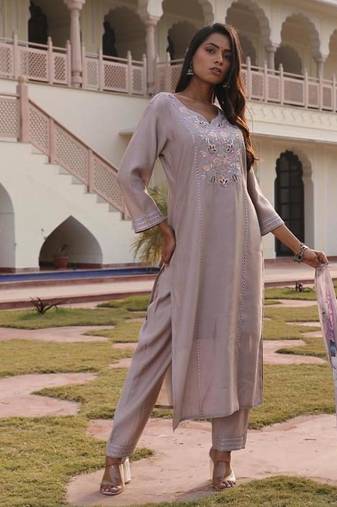 Women's cotton silk solid embroidered straight kurta with pant set