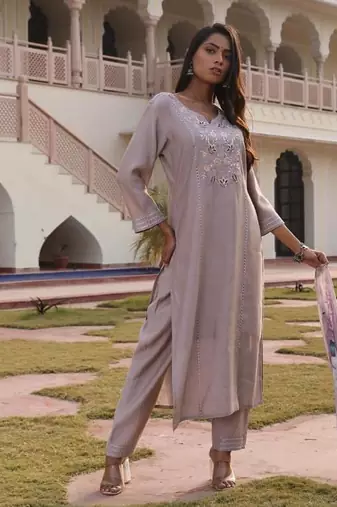 Women's cotton silk solid embroidered straight kurta with pant set