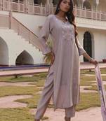 Women's cotton silk solid embroidered straight kurta with pant set