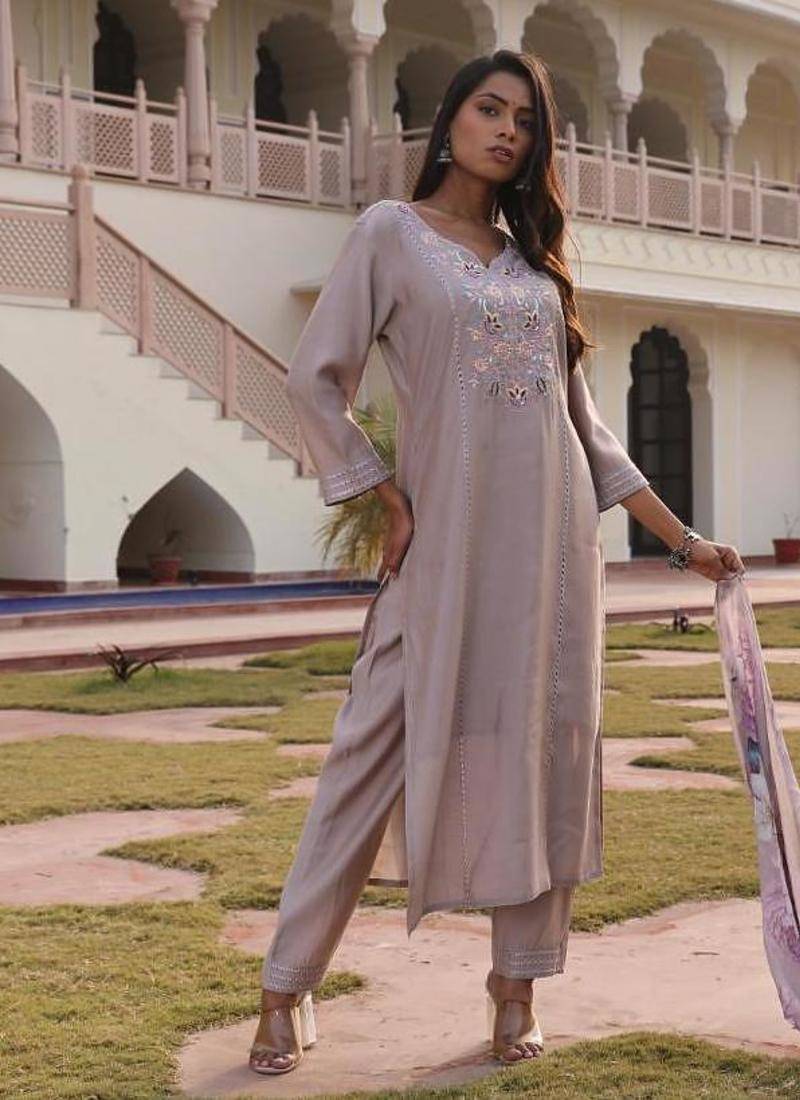 Women's cotton silk solid embroidered straight kurta with pant set