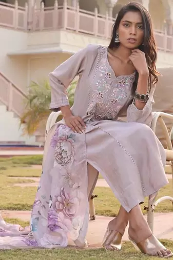 Women's cotton silk solid embroidered straight kurta with pant set