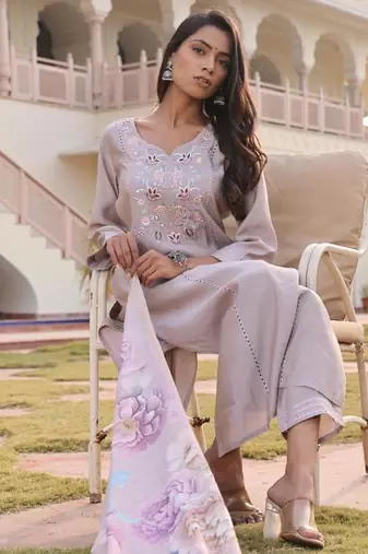 Women's cotton silk solid embroidered straight kurta with pant set