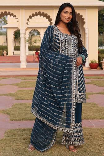 Women's georgette striped embroidered work hand work straight kurta with palazzo set