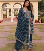 Women's georgette striped embroidered work hand work straight kurta with palazzo set