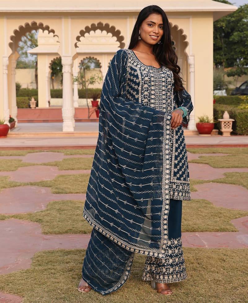 Women's georgette striped embroidered work hand work straight kurta with palazzo set