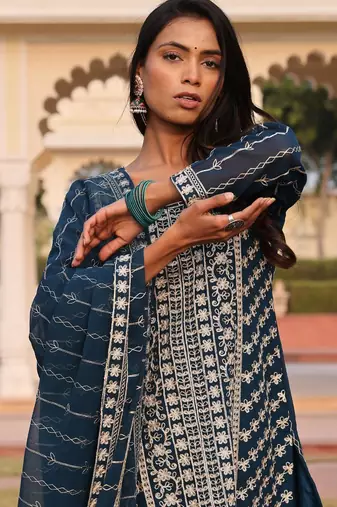 Women's georgette striped embroidered work hand work straight kurta with palazzo set