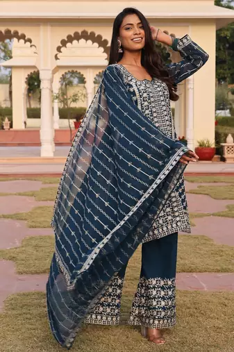Women's georgette striped embroidered work hand work straight kurta with palazzo set