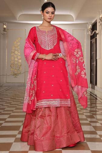 Women's cotton silk ethnic motif embroidered work hand work straight kurta with skirt set
