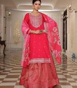 Women's cotton silk ethnic motif embroidered work hand work straight kurta with skirt set