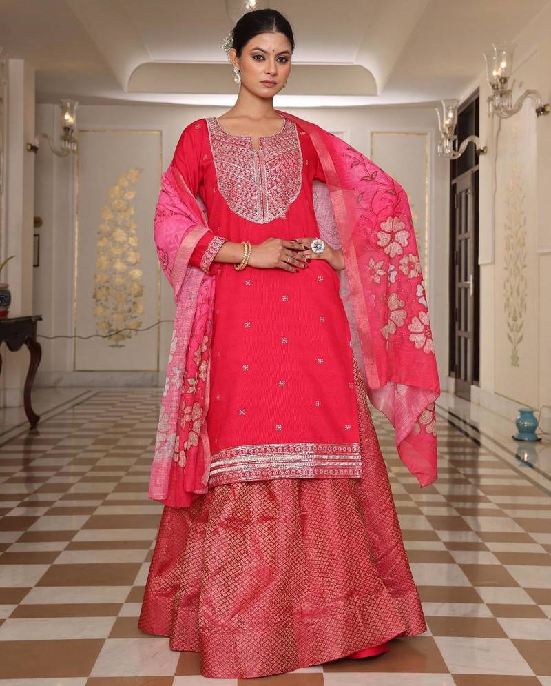 Women's cotton silk ethnic motif embroidered work hand work straight kurta with skirt set
