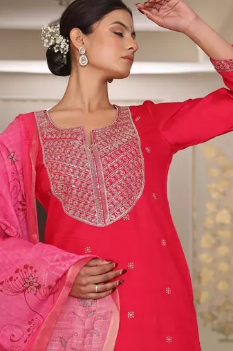 Women's cotton silk ethnic motif embroidered work hand work straight kurta with skirt set