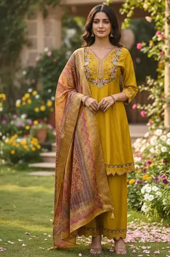 Women's cotton silk solid embroidered straight kurta with pant set