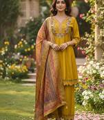 Women's cotton silk solid embroidered straight kurta with pant set