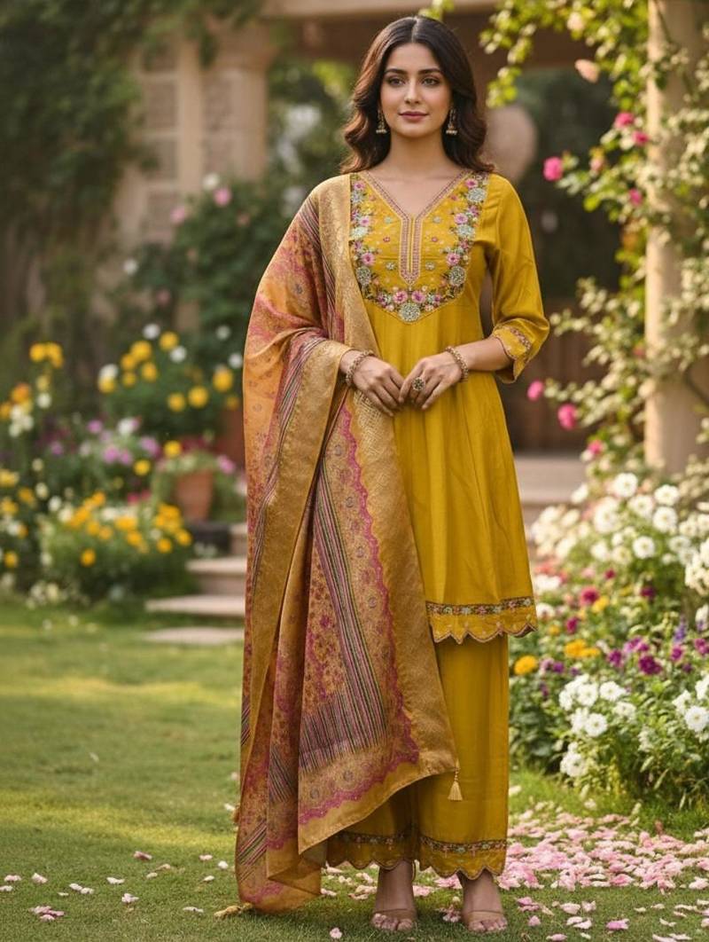Women's cotton silk solid embroidered straight kurta with pant set