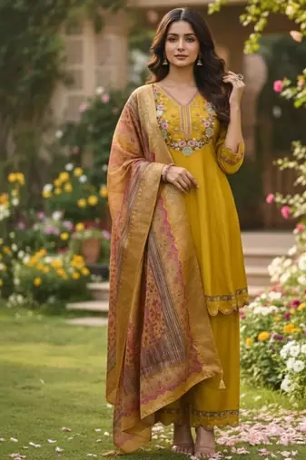 Women's cotton silk solid embroidered straight kurta with pant set