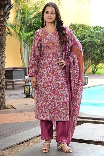 Women's cotton silk floral embroidered straight kurta with pant set