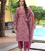 Women's cotton silk floral embroidered straight kurta with pant set