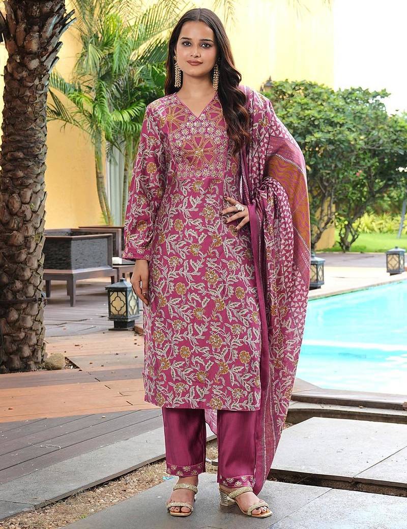Women's cotton silk floral embroidered straight kurta with pant set