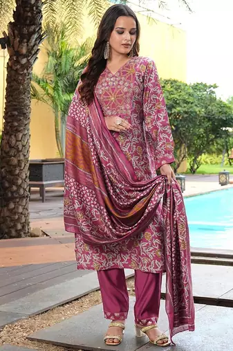 Women's cotton silk floral embroidered straight kurta with pant set